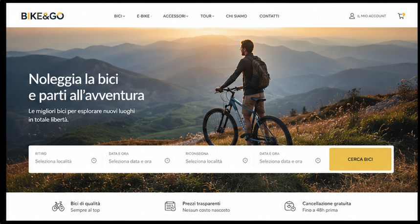 Homepage del sito di noleggio bici Bike&Go, con motore di ricerca ritiro e riconsegna
