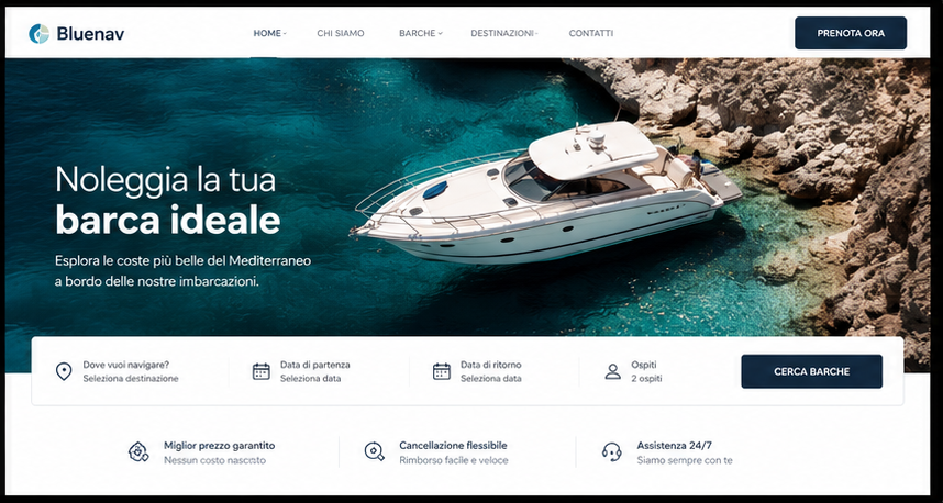 Homepage del sito di noleggio barche Lago Charter, con motore di ricerca disponibilità in evidenza