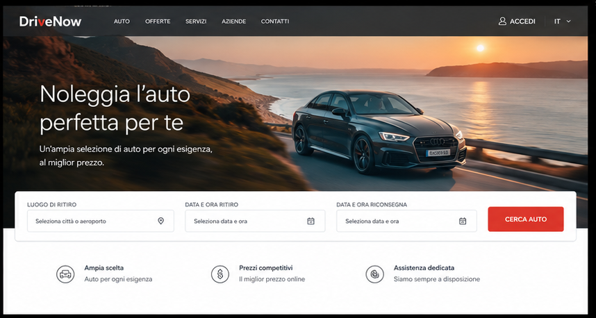 Homepage del sito di noleggio auto NoleggioPro, con motore di ricerca veicolo e date