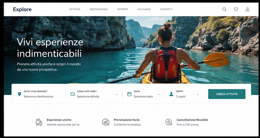 Homepage del sito di tour ed esperienze Isola Tour, con ricerca attività e disponibilità posti