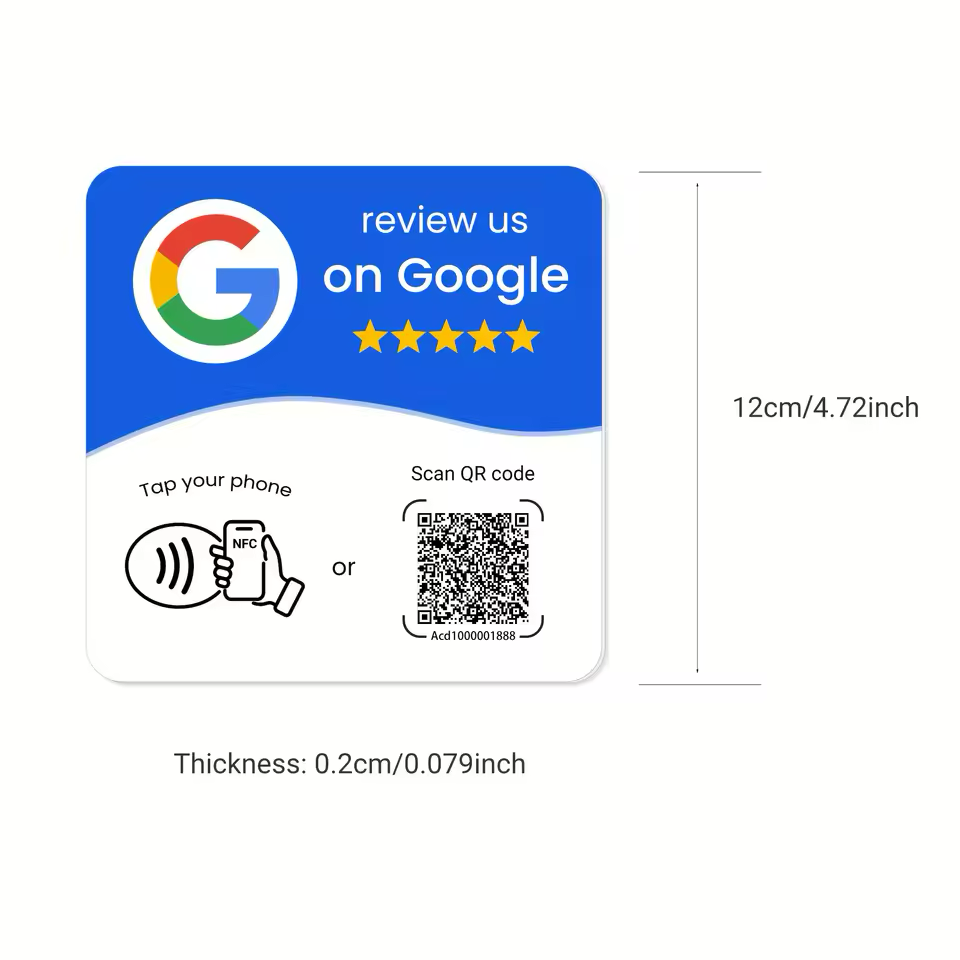 Card NFC per recensioni Google, vista frontale con dimensioni
