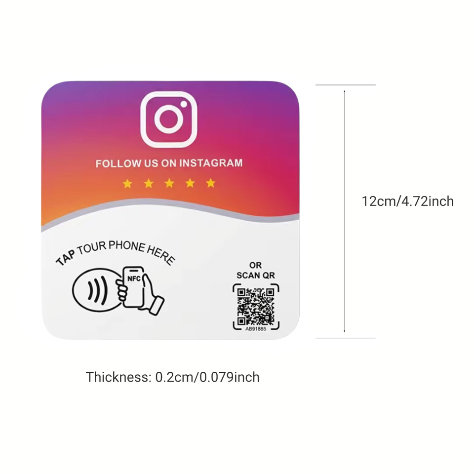 Card NFC per follower Instagram, vista frontale con dimensioni