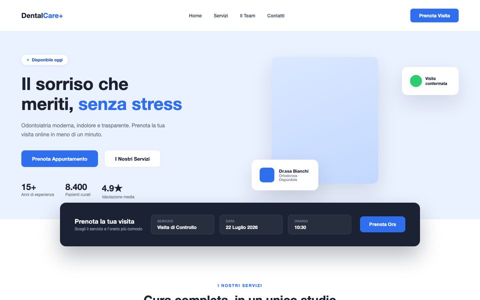 Esempio di sito web per uno studio dentistico: homepage con pulsante Prenota visita e modulo per scegliere servizio, data e orario