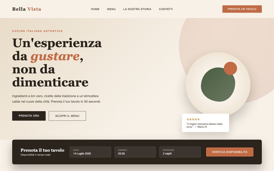 Esempio di sito vetrina per un ristorante: homepage con titolo, pulsanti Prenota ora e Scopri il menu e modulo per prenotare un tavolo